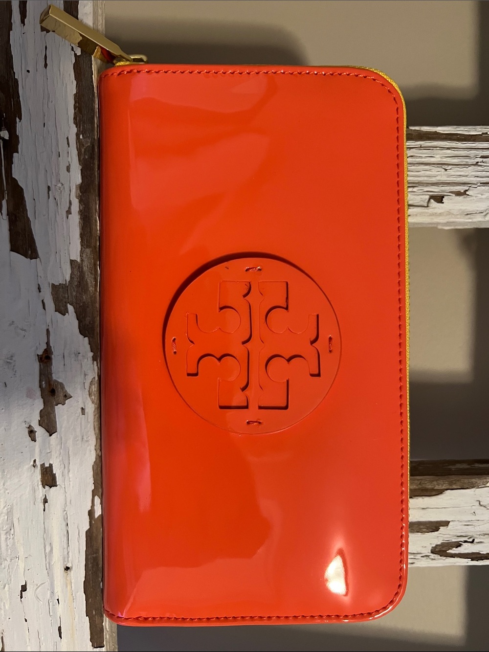 Tory Burch Glossy Orange Patent Zip Around Wallet